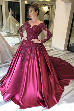 Long Sleeves Lace Appliques Burgundy Court Train Ball Gown Prom Dress INS8