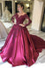 Long Sleeves Lace Appliques Burgundy Court Train Ball Gown Prom Dress INS8