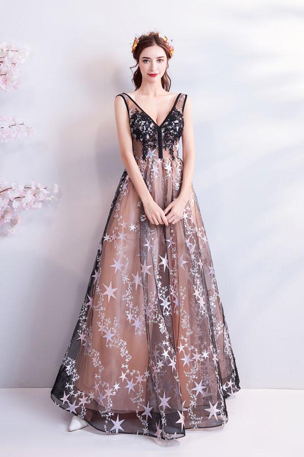 A Line V Neck Appliques Long Prom Dress With Stars Evening Dresses INQ71