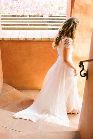 Cheap Sweetheart Beading Cap Sleeves Chiffon A-Line Pleats Wedding Dress IN772