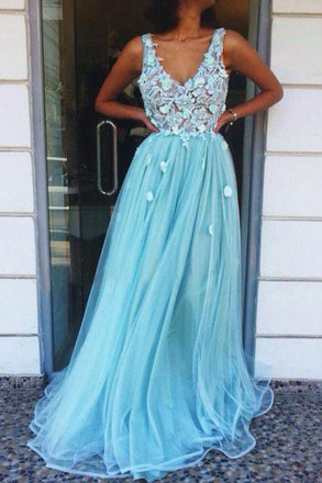 A-Line V-Neck Floor-Length Tulle Long Prom Dresses with Appliques INQ96