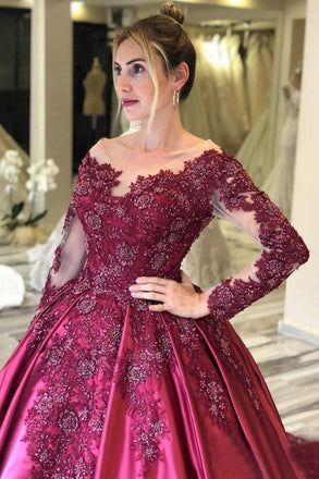Long Sleeves Lace Appliques Burgundy Court Train Ball Gown Prom Dress INS8