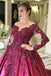 Long Sleeves Lace Appliques Burgundy Court Train Ball Gown Prom Dress INS8