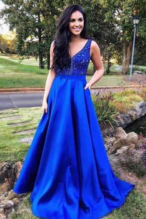 A-Line V-Neck Royal Blue Satin Prom Dress with Beading Pockets INJ14