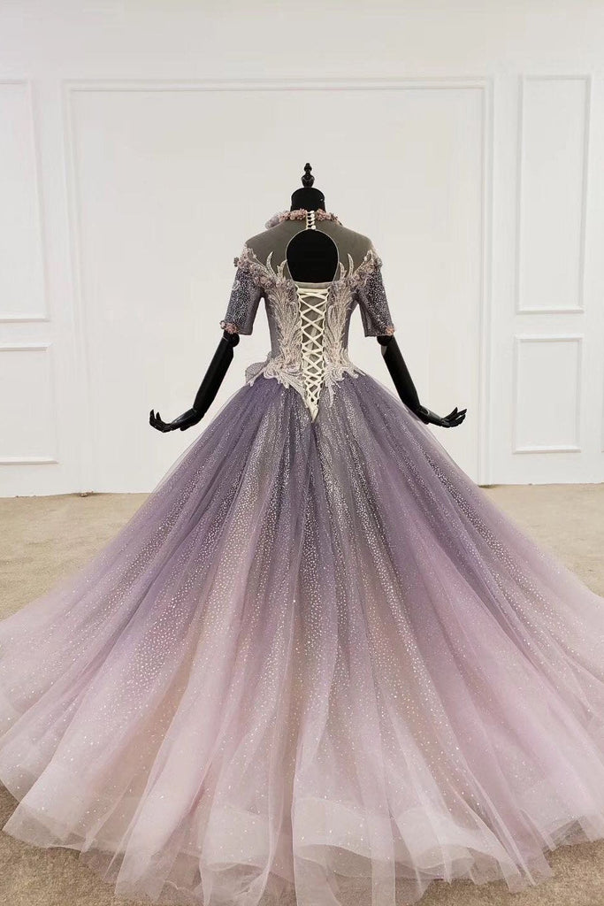 Sparkly Ball Gown Half Sleeves Ombre Quinceanera Dress with Flowers INS90