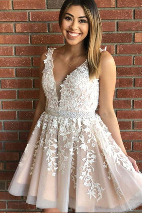 Princess V Neck Short A Line Lace Homecoming Dress,Graduation Dresses INA64