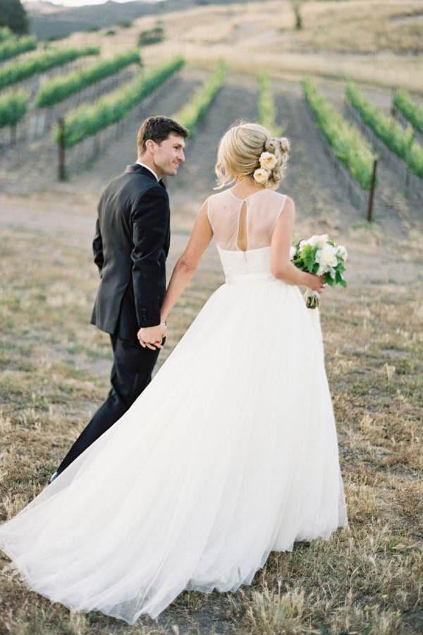 A-line White Tulle Vintage Open Back Wedding Dress beautiful IN570