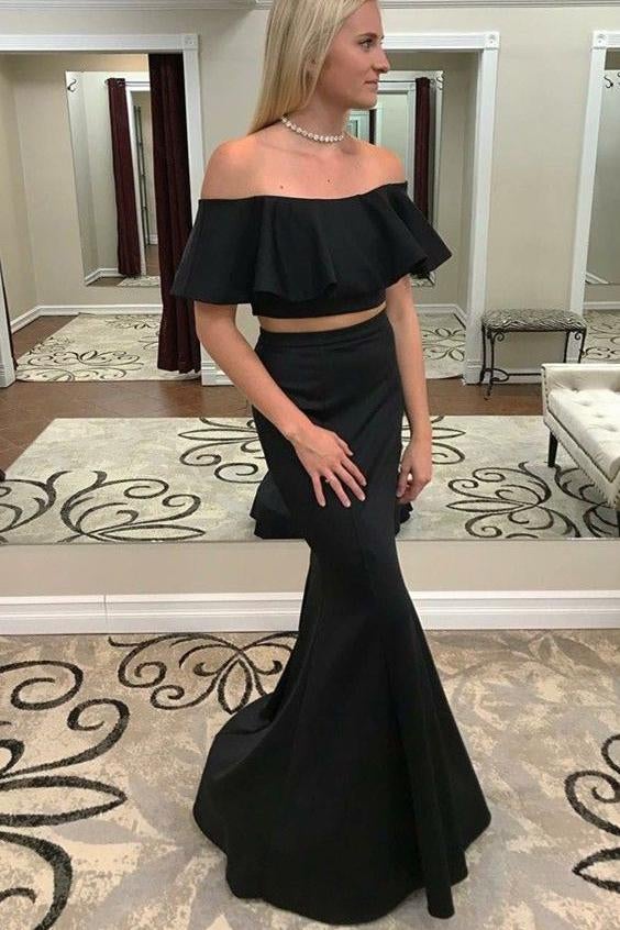 Modest Two Piece Mermaid Off-the-Shoulder Black Prom Dress with Ruffles IN757
