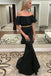 Modest Two Piece Mermaid Off-the-Shoulder Black Prom Dress with Ruffles IN757