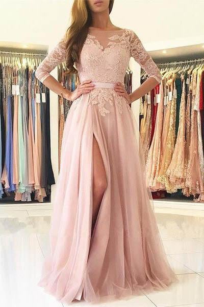 Elegant Prom Dresses,Half Sleeves Prom Dress,Pink Prom Dresses,Tulle Prom Dress,Slit Evening Dress,A Line Prom Gown