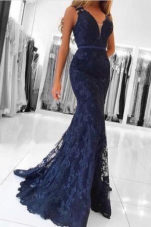 Elegant Navy Blue V Neck Long Lace Mermaid Prom Evening Dresses IN613