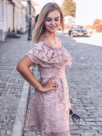 Elegant Off the Shoulder Blush Lace Short Homecoming Dresses INM73