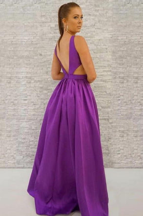 Simple A-Line Deep V-Neck Backless Long Purple Satin Prom Dress with Pockets INJ34