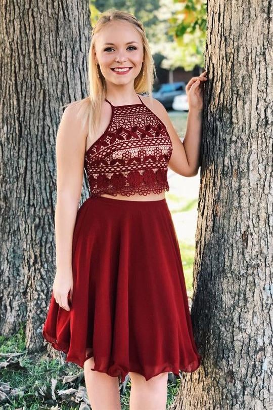 New Arrival Two Piece A Line Short Burgundy Chiffon Homecoming Dress INB15