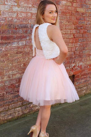 Pink A Line Tulle Short Homecoming Dress with White Lace Top INB31