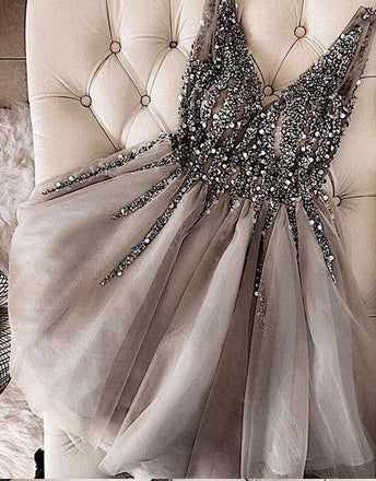 Luxurious Sequins Beaded V-neck Tulle Short Gray Homecoming Dresses INB90