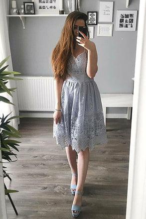 Elegant A-Line Spaghetti Straps Knee Length Lace Short Homecoming Dress INB81
