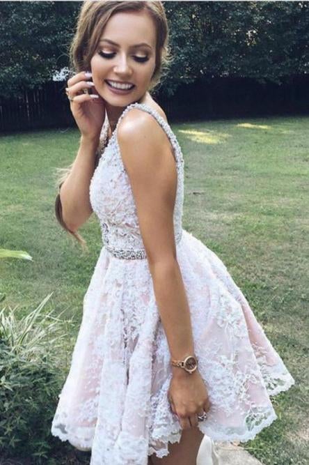 A-Line V-Neck Mini White Lace Homecoming Dress with Beading,Graduation Dresses INB17