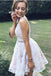 A-Line V-Neck Mini White Lace Homecoming Dress with Beading,Graduation Dresses INB17