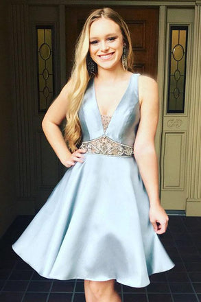 A-Line V-neck Light Blue Satin Homecoming Dress with Beading INM18