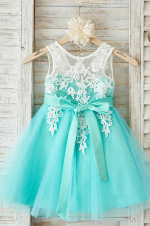 A-Line Round Neck Mint Tulle Flower Girl Dress with Appliques INP27