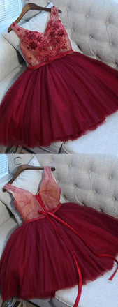 Cute A-Line V Neck Lace Up Short Burgundy Tulle Homecoming Dress with Appliques INC46