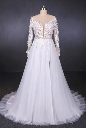 A Line Tulle Lace Appliques Long Sleeves Wedding Dress, Cheap Bridal Dresses INQ28