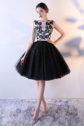 Black Tulle A Line Beading Short Bateau Homecoming Dresses With Lace Top INC7