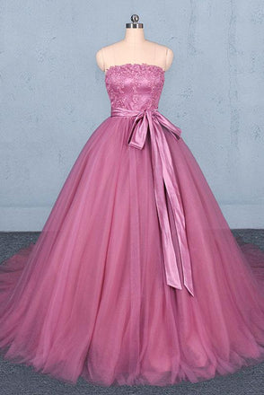 Strapless A Line Tulle Lace Appliques Prom Dresses, Long Formal Dress INQ22