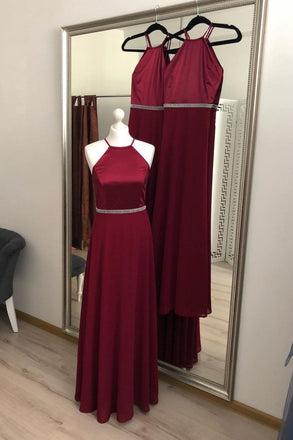 Fashion Burgundy A Line Halter Chiffon Simple Prom Dresses INI50