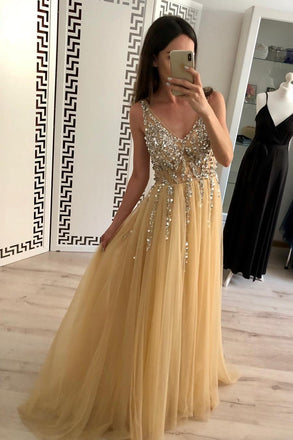 Charming A Line Tulle V Neck Floor Length Prom Dresses Beads Sequins INJ24