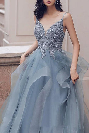 Deep V Neck Appliqued Spaghetti Straps Multi-Layered Organza Blue Bridal Dress INS11