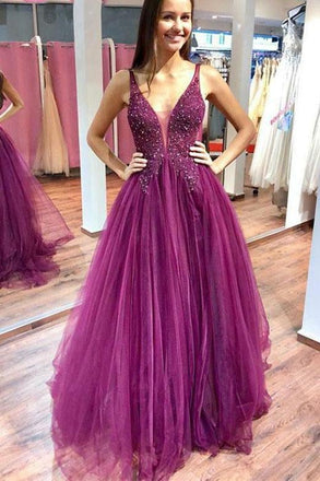 A Line Purple Tulle Beading Long Prom Dresses with Appliques INH93