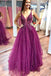 A Line Purple Tulle Beading Long Prom Dresses with Appliques INH93