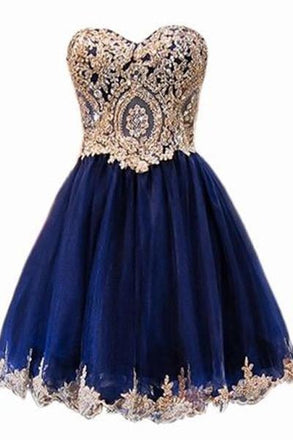 A Line Short Blue Gold Lace Appliques Prom Dresses Homecoming Dresses INF58