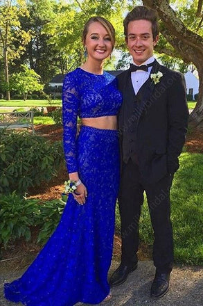Elegant Sheath Scoop Neck Lace Beading Royal Blue Long Sleeve Two Piece Prom Dresses IN611