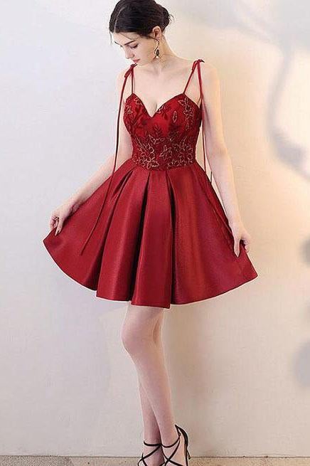 Burgundy V Neck A Line Satin Straps Short Homecoming Dresses INC30