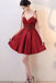 Burgundy V Neck A Line Satin Straps Short Homecoming Dresses INC30