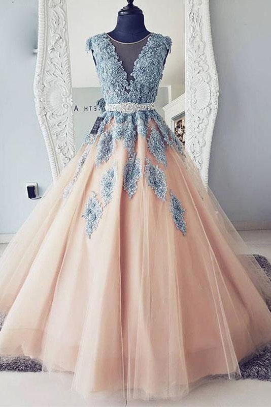 V-neck Blue Lace Ball Gown Long Tulle  Evening Dresses,Cheap Prom Dress ING36