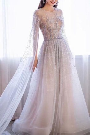 A-line Round Beaded Long Prom Dress Charming Formal Gowns INS70