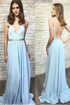 Modest V-neck A-line Sky Blue Chiffon Long Backless Prom Dress INB46