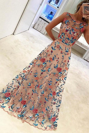 Unique Floral Embroidery Long A Line Prom Dress Evening Dress IN936
