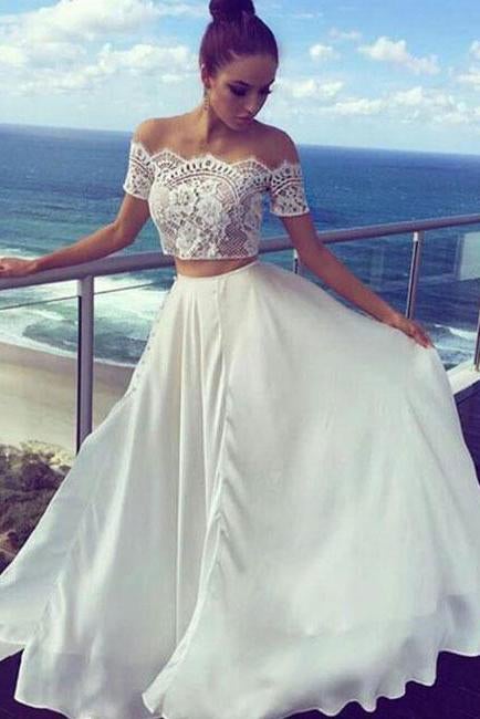 White Two Pieces Off The Shoulder Long Lace Cheap Prom Dresses,Formal Women Dress IN588