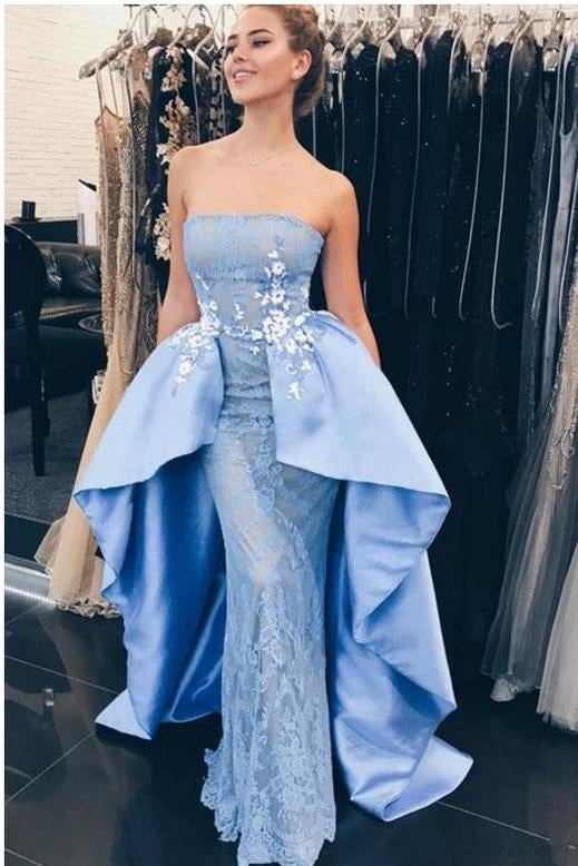 Modest Light Blue Strapless Satin Mermaid Prom Dresses With Lace appliques INB30