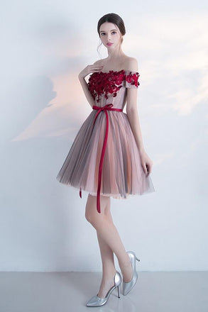 Elegant Off the shoulder Red Appliques A Line Homecoming Dress With Belt INB56