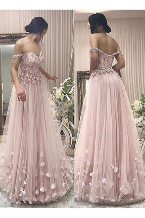 Pink Tulle A Line Off the Shoulder Flowers Long Prom Dress IN789
