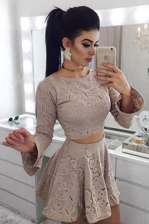 Two Piece A-Line Long Sleeves Lace Short Homecoming Dress INM14