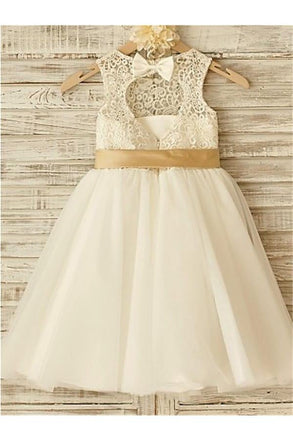 A-line Scoop Sleeveless Bowknot Floor-Length Tulle Flower Girl Dresses With Lace IN712