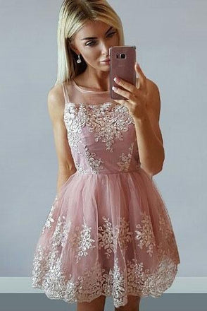 A-line Tulle Lace Appliqued Short Homecoming Dresses For Teens INB70