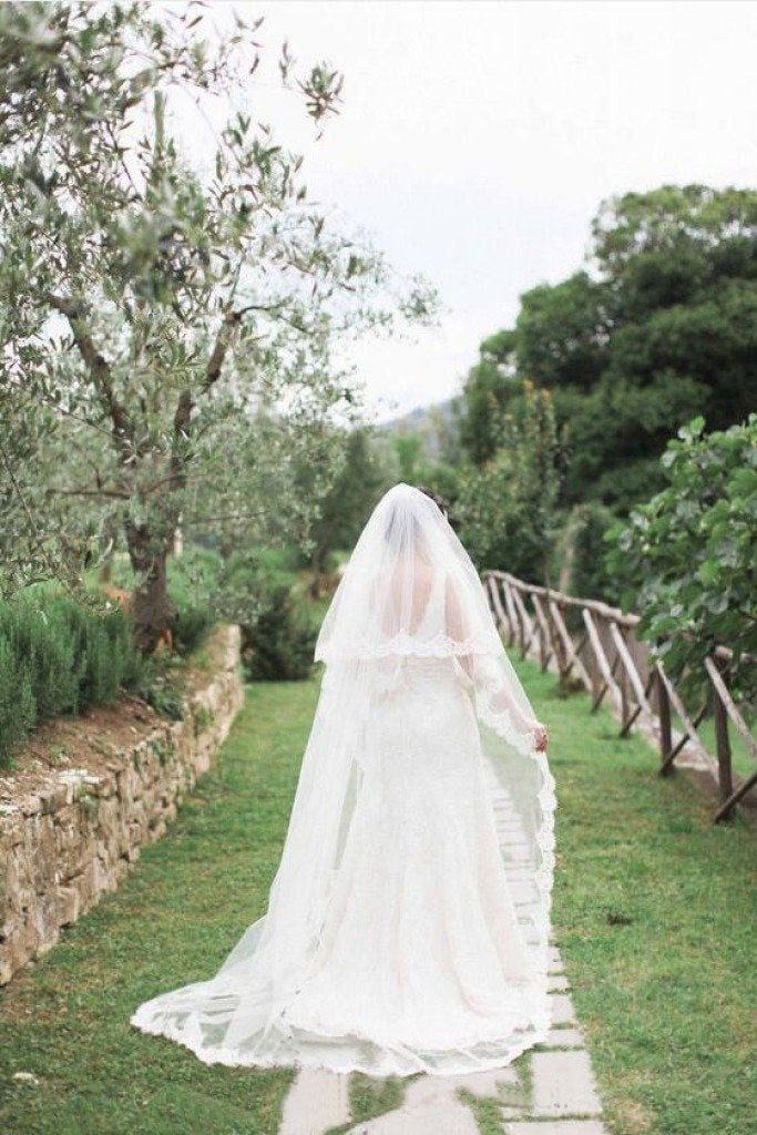 Alencon Lace Edge Cathedral Long Bridal Veil with Blusher WV14